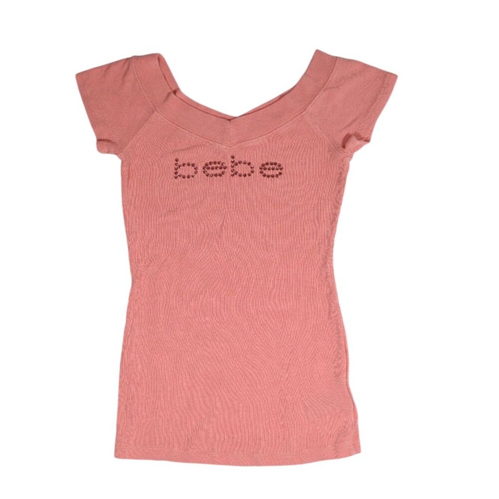 Bebe Vintage Y2K Swarovski Logo Tee in Pink